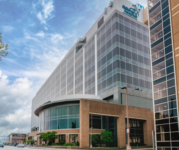Modern private hospital exterior with clean contemporary architecture